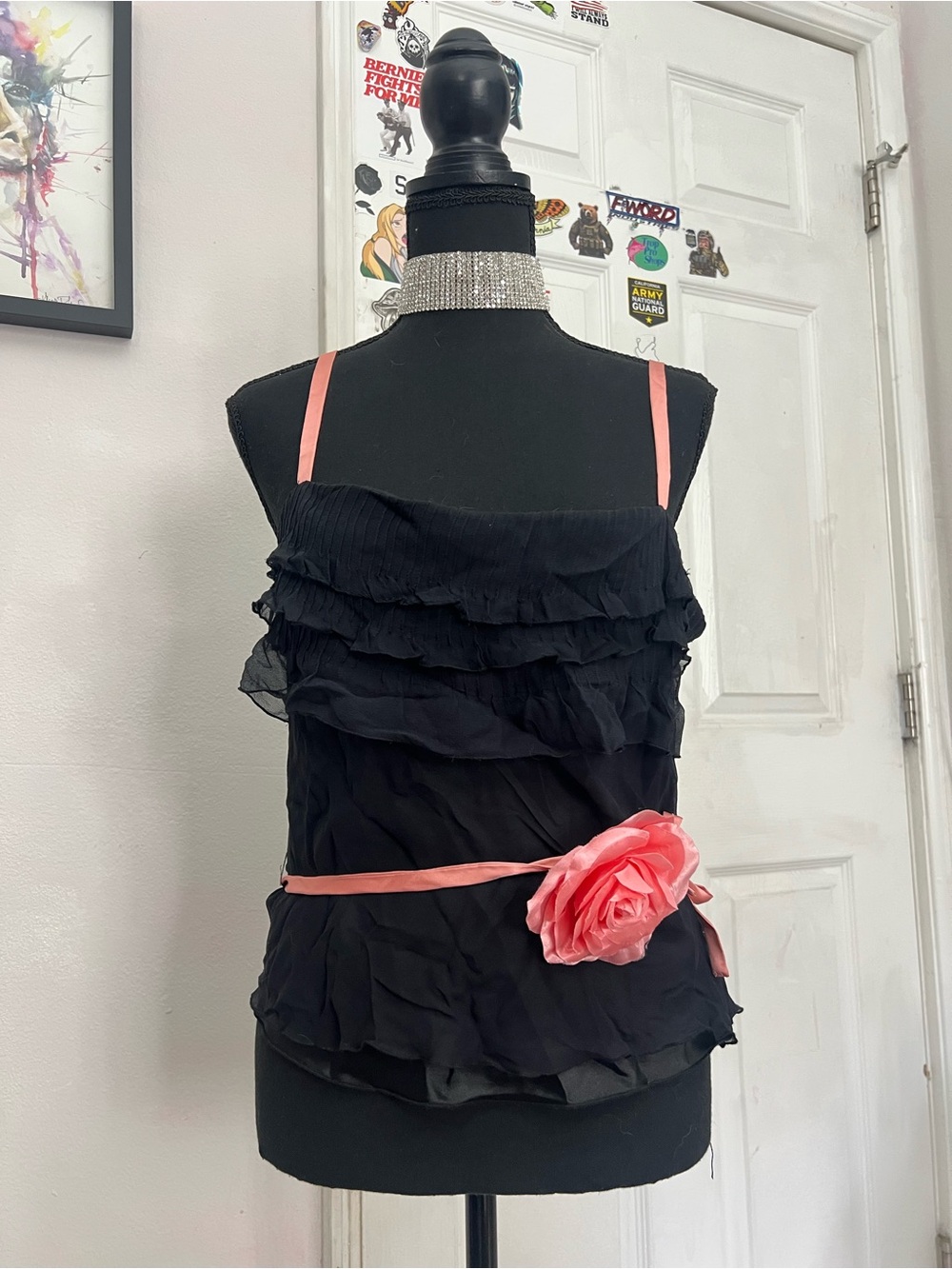 WD.NY Black Ruffled Camisole with Coral Pink Accents (read description)
